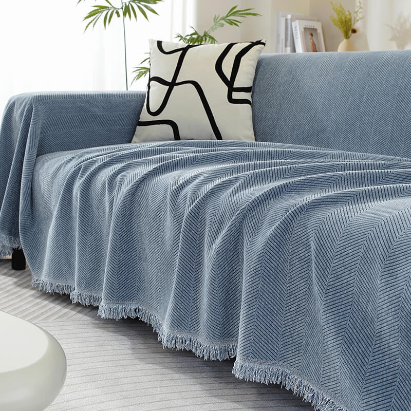 Vivolux | Chenille Decke Fischgrat Quaste Couchbezug