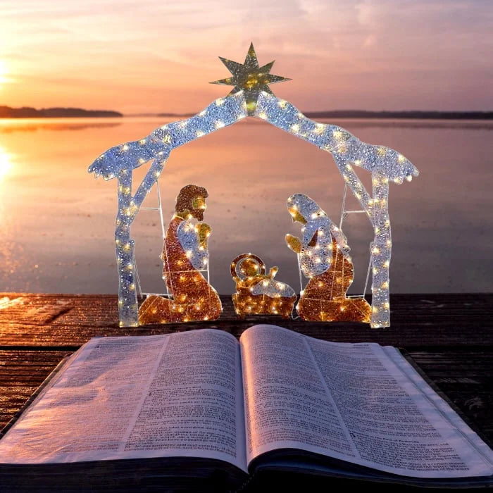 Weiße LED-Gartendekoration „Heilige Familie“