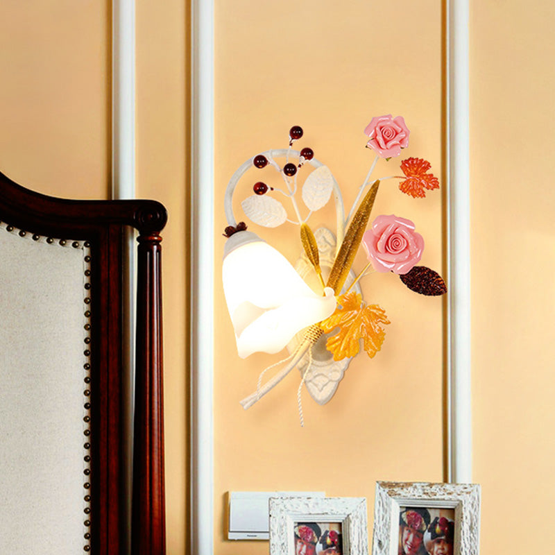 Vivolux | Weiße 1 Kopf Wand Sconces Landstil Metall Blüte Wandmontierte Lampe für Schlafzimmer, Links/Rechts
