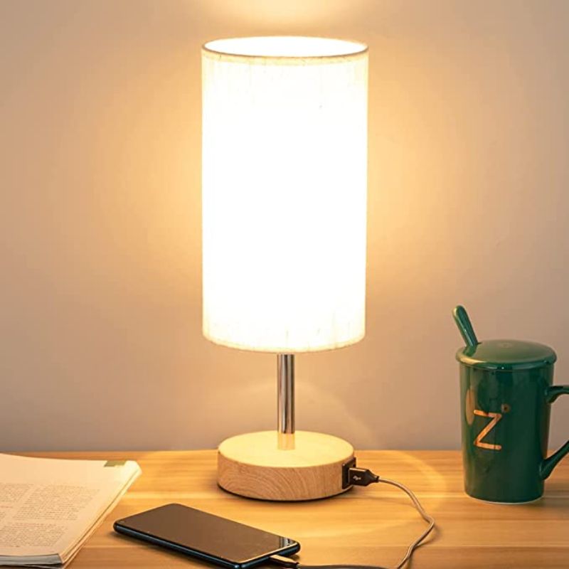 Vivolux | Lampe mit USB-Anschluss Touch-Control Tischlampe für Schlafzimmer Holz 3-stufig dimmbare Nachttischlampe mit runder Leinenstoff-Schirm für Wohnzimmer, Studentenwohnheim, Home Office