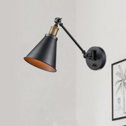 Vivolux | 1 Glühbirne Eisen Wandmontage Licht Vintage Schwarz Swing Arm Wohnzimmer Wandleuchte Lampe mit Kegel Schirm