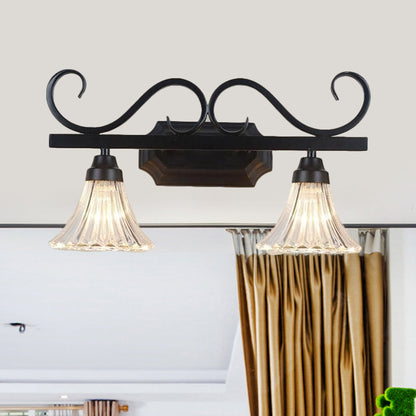 Vivolux | Schwarze 2-Lampen-Wandleuchte Traditionelle Klare Strukturierte Glasglocke Make-Up Beleuchtung für Badezimmer