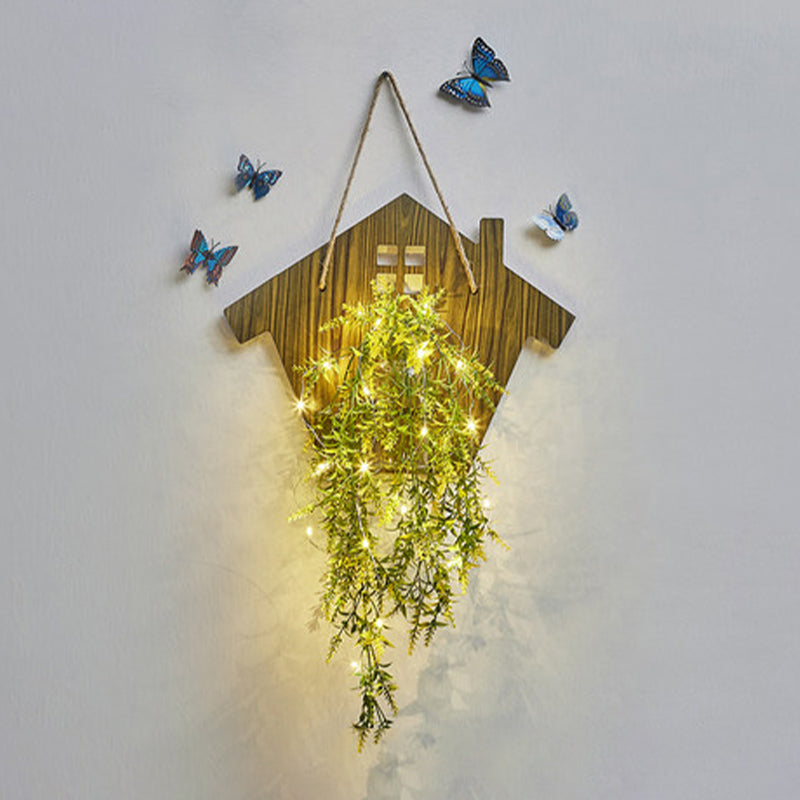 Vivolux | Houten Huis Vormige Wandlamp Moderne Bloem/Plant Accent Snoer Licht voor Café Thee Winkel