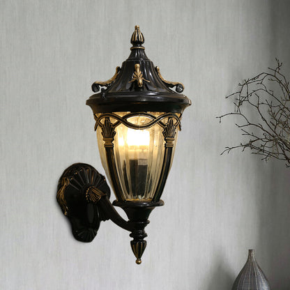 Vivolux | 1 Glühbirne Urne Wand Sconce Licht Loft Messing/schwarzes Metall Wandlampe Leuchte mit klarem geripptem Glas-Schirm