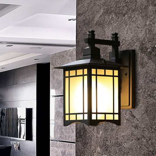 Vivolux | Schwarze Tokyo Pavilion Wandleuchte Rustikales Milch gefrostetes Glas 1-Kopf Außenwandmontage Lampe