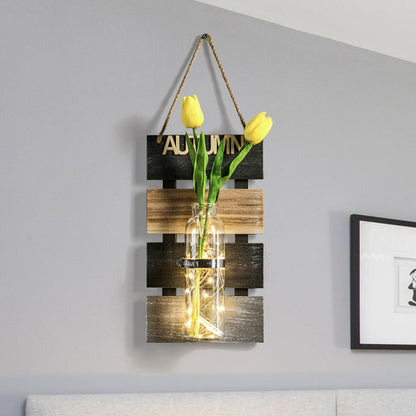 Vivolux | Donkergroen/Lichtgroen/Geel Planten Wandlamp Rustieke Sfeerverlichting met Houten Achterplaat