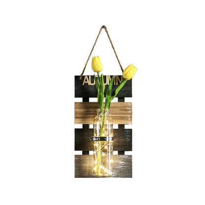 Vivolux | Donkergroen/Lichtgroen/Geel Planten Wandlamp Rustieke Sfeerverlichting met Houten Achterplaat
