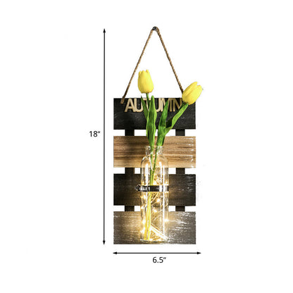 Vivolux | Donkergroen/Lichtgroen/Geel Planten Wandlamp Rustieke Sfeerverlichting met Houten Achterplaat