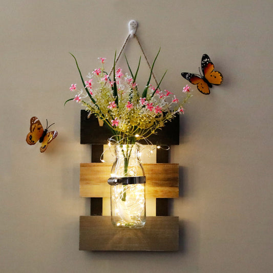 Vivolux | Rosa/Rosa-Gelbe Blumen Wandlampe für Café Klarglas Flasche Lichterkette im zeitgenössischen Stil
