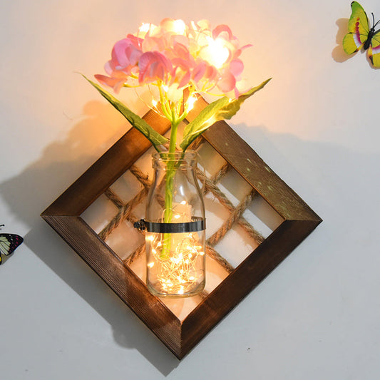 Vivolux | Rosa Blume Akzent Wandlicht Asiatischer Stil Klarglas Lichterkette mit Holzrückplatte