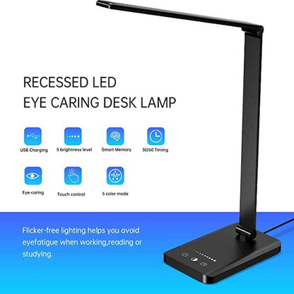 Vivolux | LED-Schreibtischlampe mit USB-Ladeanschluss, dimmbare augenfreundliche Leselampe für zu Hause, mit 5 Helligkeitsstufen & 3 Lichtmodi, Touch-Steuerung, Auto-Timer (Schwarz)