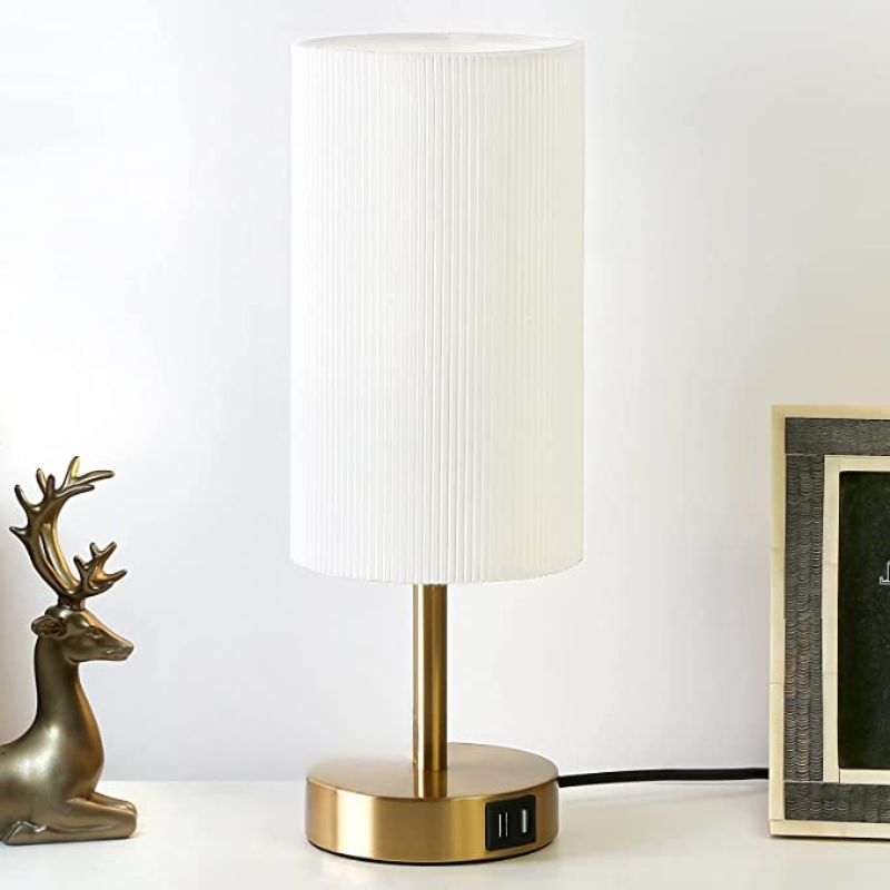 Vivolux | Lampe mit USB-Anschluss Touch-Control Tischlampe für Schlafzimmer Holz 3-stufig dimmbare Nachttischlampe mit runder Leinenstoff-Schirm für Wohnzimmer, Studentenwohnheim, Home Office