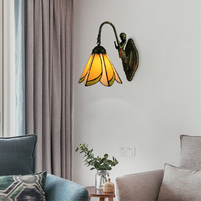 Vivolux | 1 Kop Petal Wandmontage Licht Tiffany Geel/Blauw-Wit Glas Wandlamp Met Sirene Achterplaat