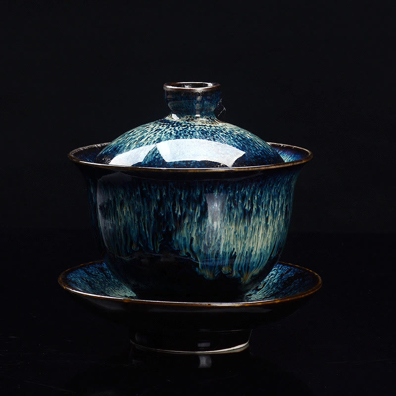 Vivolux | Vintage Kiln Keramik Gaiwan Sancai Teetasse Teetasse und Untertasse mit Deckel