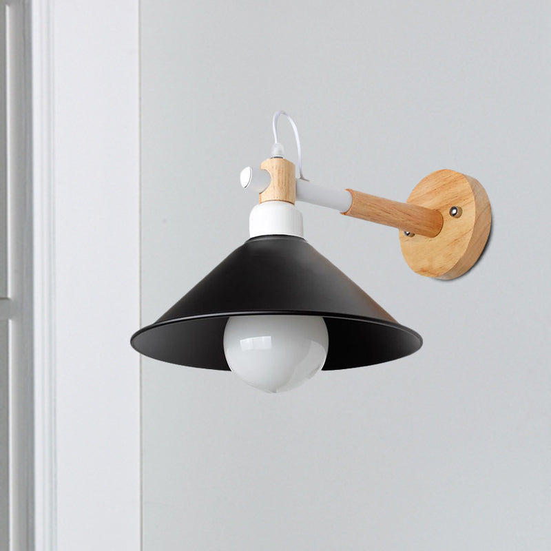 Vivolux | 1 Kopf konische Wandlampe Licht Nordic Stil Schwarz Metallische Wandbeleuchtung mit Holzrückwand