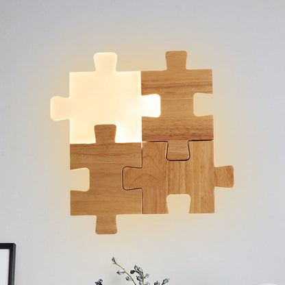Vivolux | Beige Jigsaw Puzzle Wandeinbauleuchte Nordic LED Holz Wandmontage Lampe in Weiß/Warmlicht