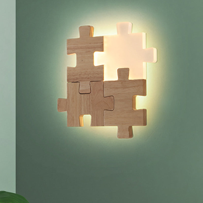 Vivolux | Beige Jigsaw Puzzle Wandeinbauleuchte Nordic LED Holz Wandmontage Lampe in Weiß/Warmlicht