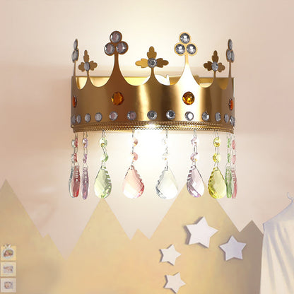 Vivolux | Krone Wandleuchte Cartoon Eisen LED Pink/Geld Wandmontage Leuchte mit Kristall Tropfen Deko