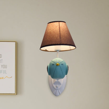 Vivolux | Roze/Blauwe Vogel Wandlamp Cartoon 1 Kop Hars Wandlamp Armatuur met Kegel Bruine Stoffen Lampenkap