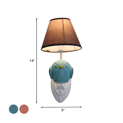 Vivolux | Roze/Blauwe Vogel Wandlamp Cartoon 1 Kop Hars Wandlamp Armatuur met Kegel Bruine Stoffen Lampenkap