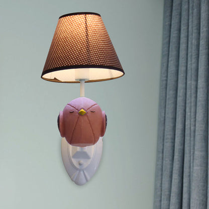 Vivolux | Roze/Blauwe Vogel Wandlamp Cartoon 1 Kop Hars Wandlamp Armatuur met Kegel Bruine Stoffen Lampenkap