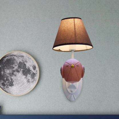 Vivolux | Roze/Blauwe Vogel Wandlamp Cartoon 1 Kop Hars Wandlamp Armatuur met Kegel Bruine Stoffen Lampenkap