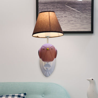 Vivolux | Roze/Blauwe Vogel Wandlamp Cartoon 1 Kop Hars Wandlamp Armatuur met Kegel Bruine Stoffen Lampenkap