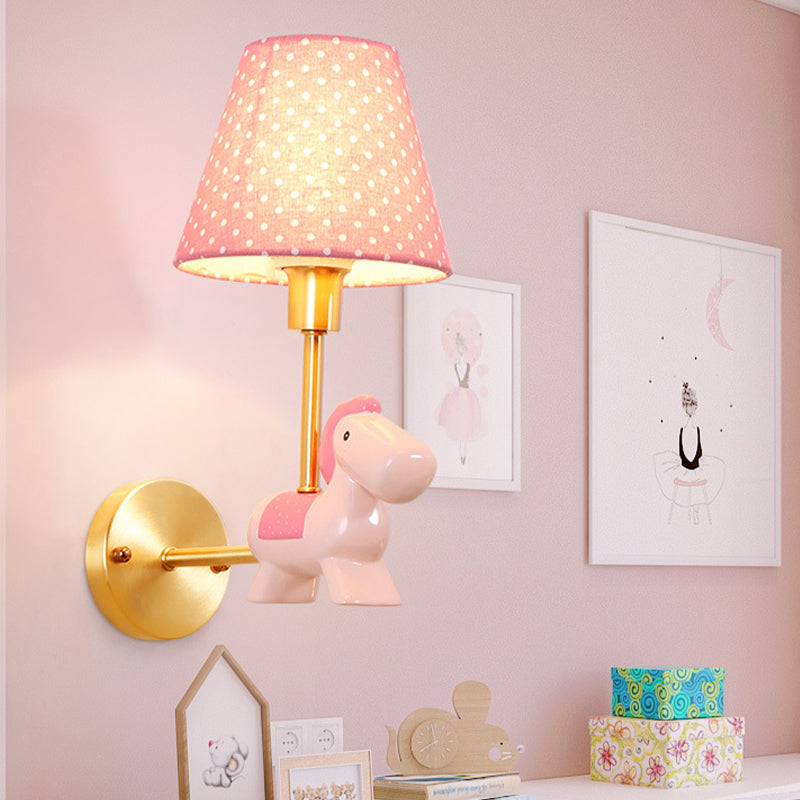 Vivolux | Blau/Rosa Trojanisches Pferd Wandlampe Kinder 1 Kopf Harz LED Wandlampe mit Fässern Stern/Punkt Stoffschirm