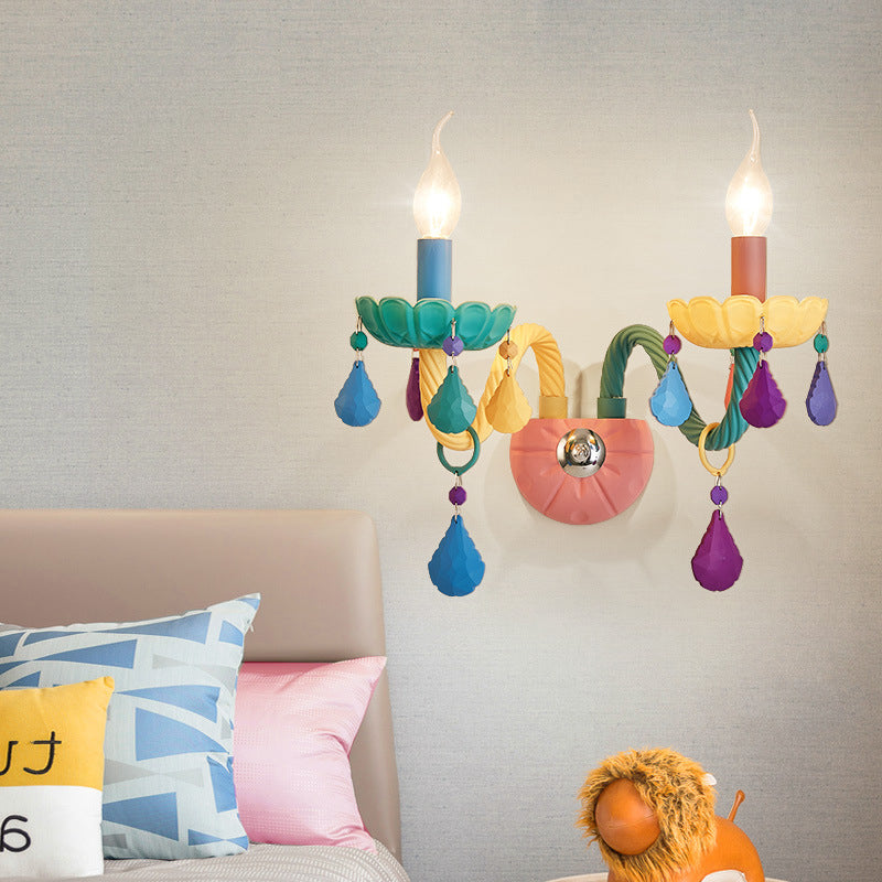 Vivolux | Cartoon Kaars Wandlamp Crystal 1/2-Bol Bedzijde Wand Sconces in Roze met Druppel Deco