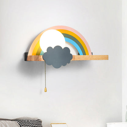 Vivolux | Braune Regenbogen- und Sonnen-Wandleuchte Cartoon 1-Licht Metall LED Wandlampe mit Holzablage und Ziehkette