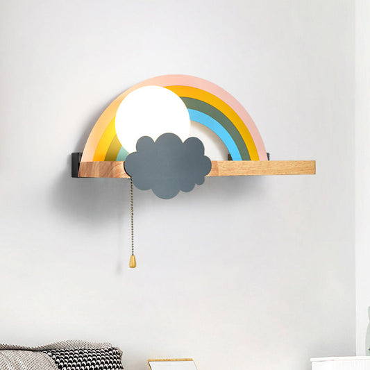 Vivolux | Braune Regenbogen- und Sonnen-Wandleuchte Cartoon 1-Licht Metall LED Wandlampe mit Holzablage und Ziehkette