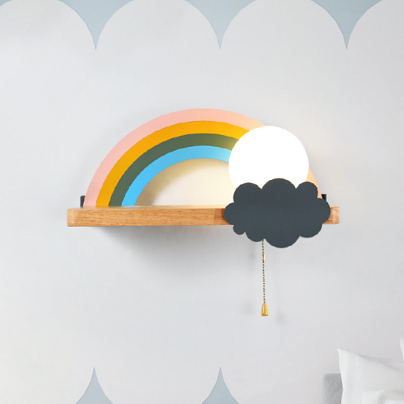 Vivolux | Braune Regenbogen- und Sonnen-Wandleuchte Cartoon 1-Licht Metall LED Wandlampe mit Holzablage und Ziehkette