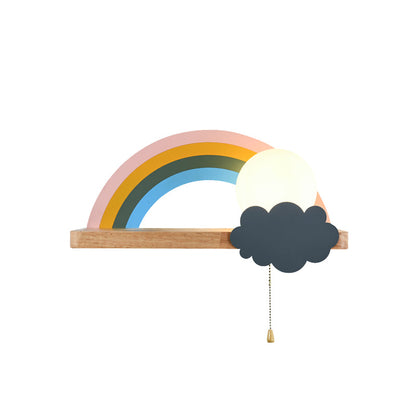 Vivolux | Braune Regenbogen- und Sonnen-Wandleuchte Cartoon 1-Licht Metall LED Wandlampe mit Holzablage und Ziehkette