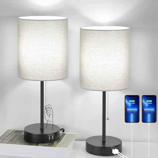 Vivolux | Tischlampen Set von 2 mit USB-Ladeanschlüssen, graue Nachttischlampen mit AC-Steckdose, Nachttischlampen mit Zugschalter, minimalistische moderne Schreibtischlampen mit Stoffschirm für Wohnzimmer Schlafzimmer Büro