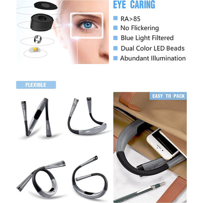 Vivolux | LED Nackenleselampe, Buchlicht zum Lesen im Bett, 3 Farben, 6 Helligkeitsstufen, biegbarer Arm, wiederaufladbar, langlebig, perfekt zum Lesen, Stricken, Campen, Reparieren