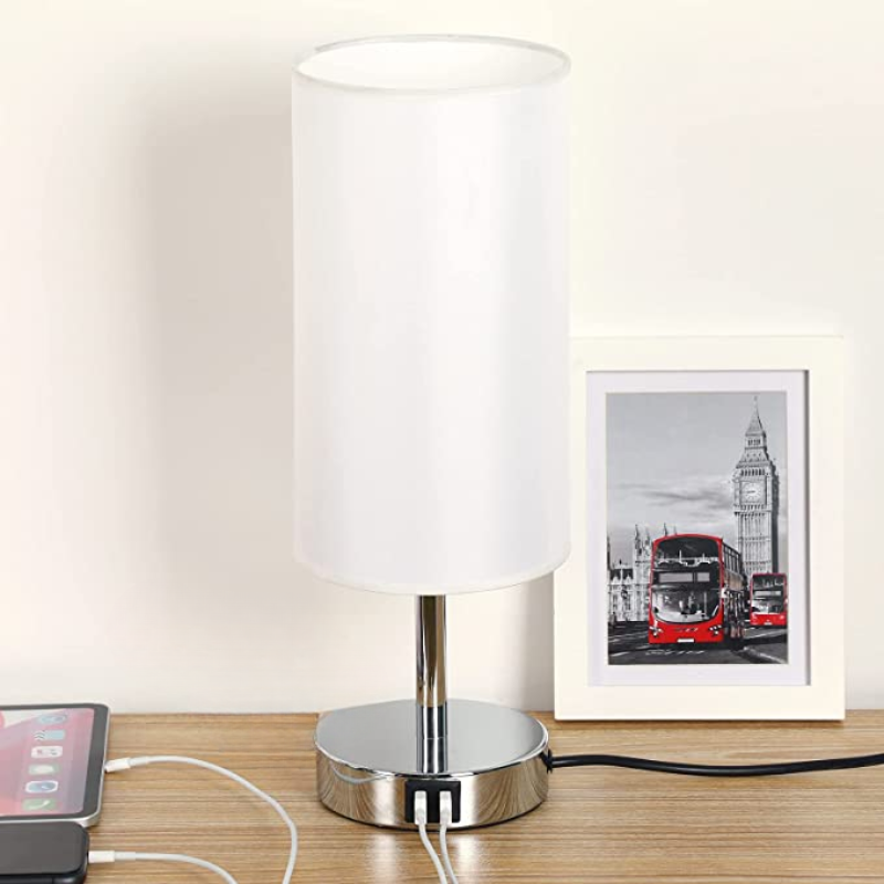 Vivolux | Lampe mit USB-Anschluss Touch-Control Tischlampe für Schlafzimmer Holz 3-stufig dimmbare Nachttischlampe mit runder Leinenstoff-Schirm für Wohnzimmer, Studentenwohnheim, Home Office