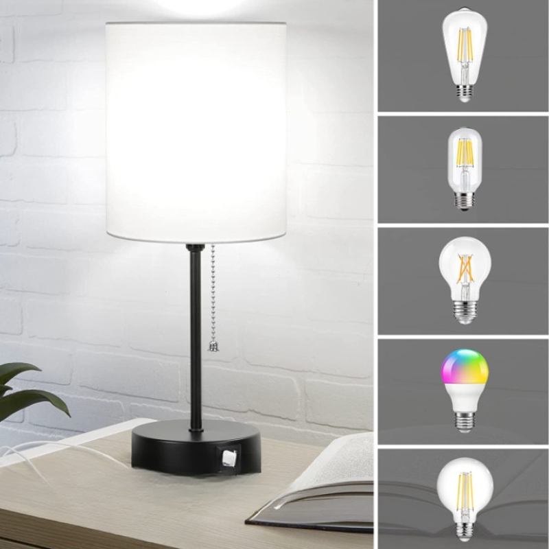Vivolux | Tischlampen Set von 2 mit USB-Ladeanschlüssen, graue Nachttischlampen mit AC-Steckdose, Nachttischlampen mit Zugschalter, minimalistische moderne Schreibtischlampen mit Stoffschirm für Wohnzimmer Schlafzimmer Büro