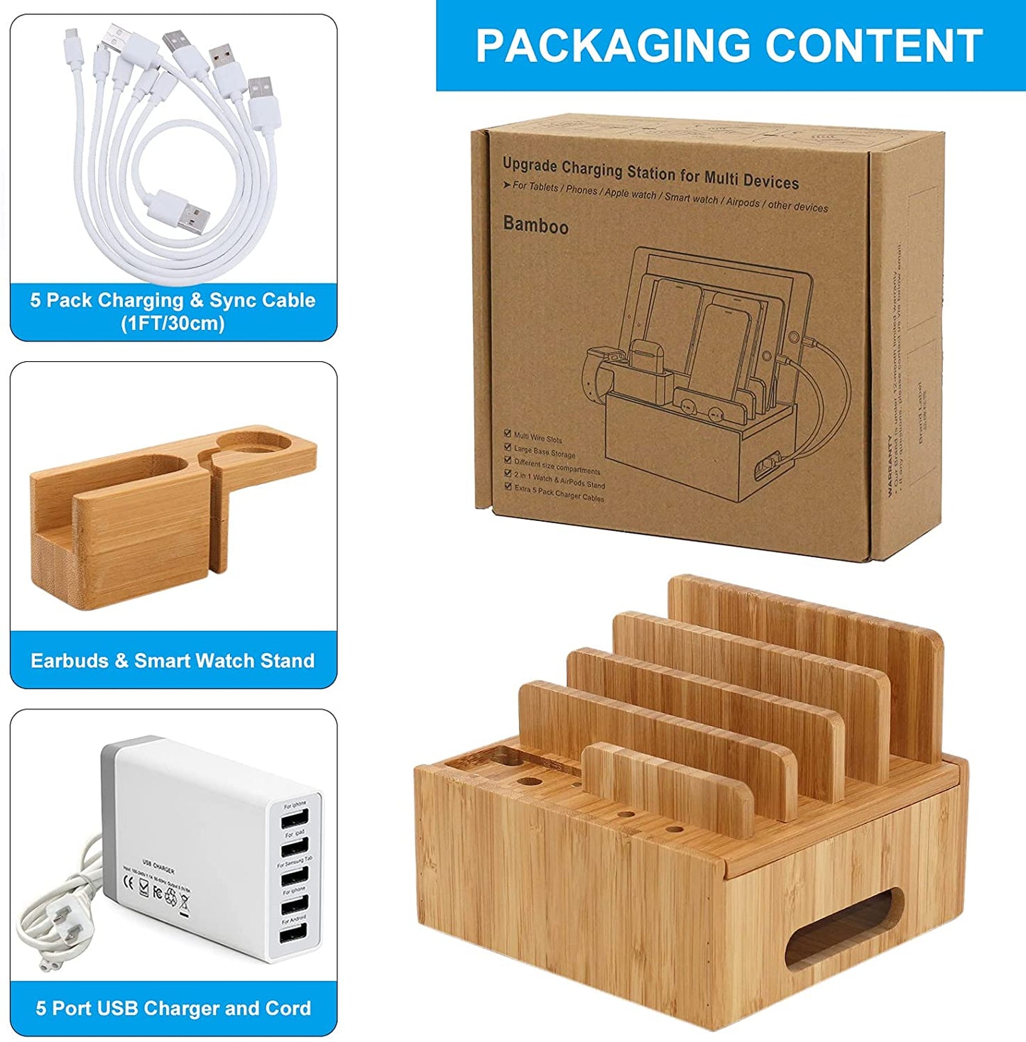 Ladestation für mehrere Geräte (inklusive 5-Port-USB-Ladegerät, 5-Pack-Kabel, Smartwatch- und Ohrhörerständer)