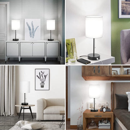 Vivolux | Tischlampen Set von 2 mit USB-Ladeanschlüssen, graue Nachttischlampen mit AC-Steckdose, Nachttischlampen mit Zugschalter, minimalistische moderne Schreibtischlampen mit Stoffschirm für Wohnzimmer Schlafzimmer Büro