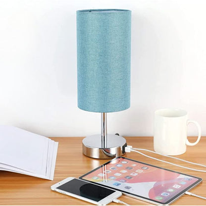 Vivolux | Lampe mit USB-Anschluss Touch-Control Tischlampe für Schlafzimmer Holz 3-stufig dimmbare Nachttischlampe mit runder Leinenstoff-Schirm für Wohnzimmer, Studentenwohnheim, Home Office