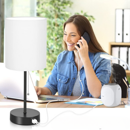 Vivolux | Tischlampen Set von 2 mit USB-Ladeanschlüssen, graue Nachttischlampen mit AC-Steckdose, Nachttischlampen mit Zugschalter, minimalistische moderne Schreibtischlampen mit Stoffschirm für Wohnzimmer Schlafzimmer Büro