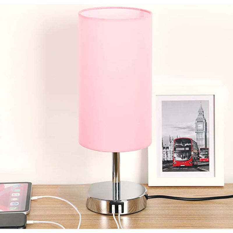 Vivolux | Lampe mit USB-Anschluss Touch-Control Tischlampe für Schlafzimmer Holz 3-stufig dimmbare Nachttischlampe mit runder Leinenstoff-Schirm für Wohnzimmer, Studentenwohnheim, Home Office