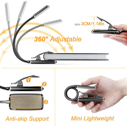 Kaufen Sie 9 LED USB-aufladbare Leselampe für das Lesen im Bett - augenfreundlich, stufenlos dimmbar | Kleine leichte Clip-on Leselampe