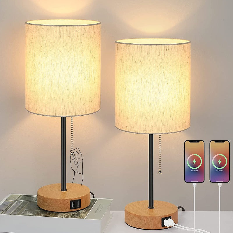 Vivolux | Tischlampen Set von 2 mit USB-Ladeanschlüssen, graue Nachttischlampen mit AC-Steckdose, Nachttischlampen mit Zugschalter, minimalistische moderne Schreibtischlampen mit Stoffschirm für Wohnzimmer Schlafzimmer Büro