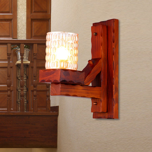 Vivolux | Rood Bruin Cilinder Muurmontage Lamp Traditionele Deuk Glas 1/2-Licht Slaapkamer Wandlamp Lichtarmatuur met Houten Arm