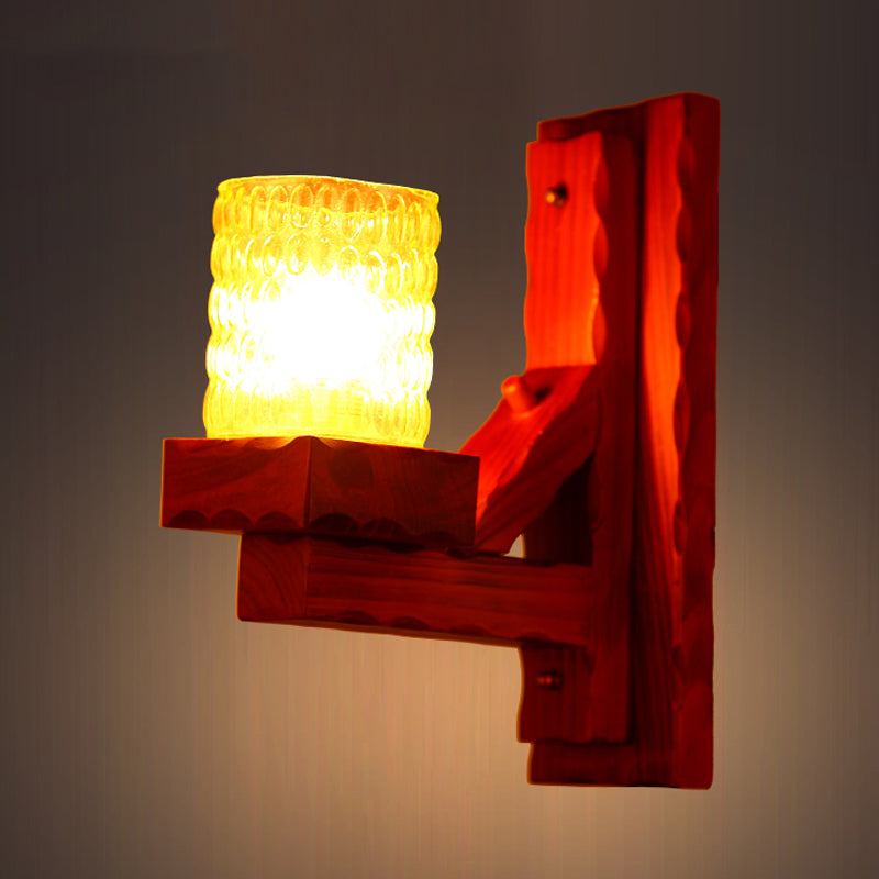 Vivolux | Rood Bruin Cilinder Muurmontage Lamp Traditionele Deuk Glas 1/2-Licht Slaapkamer Wandlamp Lichtarmatuur met Houten Arm