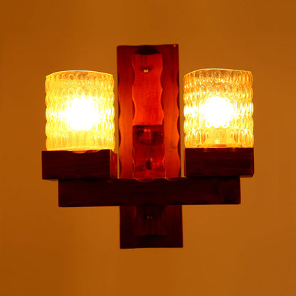 Vivolux | Rood Bruin Cilinder Muurmontage Lamp Traditionele Deuk Glas 1/2-Licht Slaapkamer Wandlamp Lichtarmatuur met Houten Arm