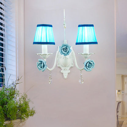 Vivolux | Witte 1/2-hoofd Wandlamp Romantische Pastorale Stof Kegel Wandverlichting met Duidelijke Kristal Draperie