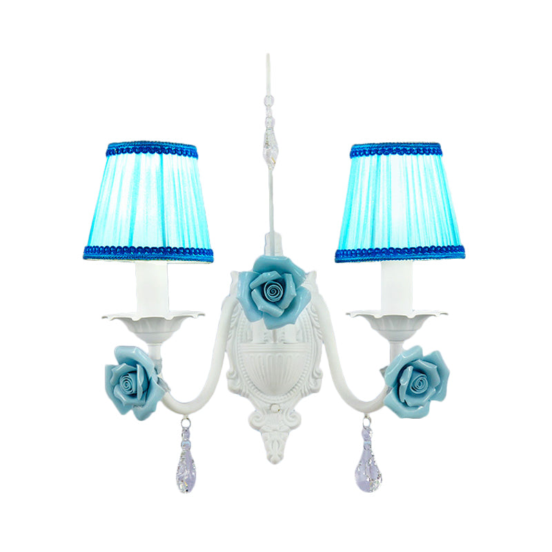 Vivolux | Witte 1/2-hoofd Wandlamp Romantische Pastorale Stof Kegel Wandverlichting met Duidelijke Kristal Draperie