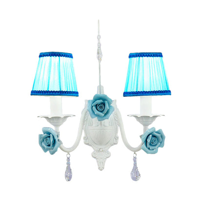 Vivolux | Witte 1/2-hoofd Wandlamp Romantische Pastorale Stof Kegel Wandverlichting met Duidelijke Kristal Draperie